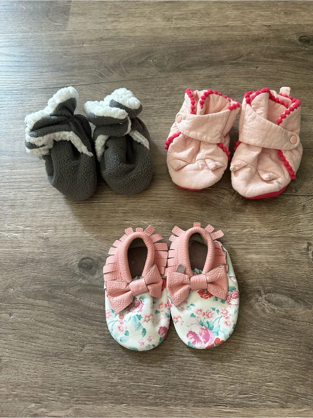 3-Pair Baby Bootie Bundle - Pink, Gray, Floral